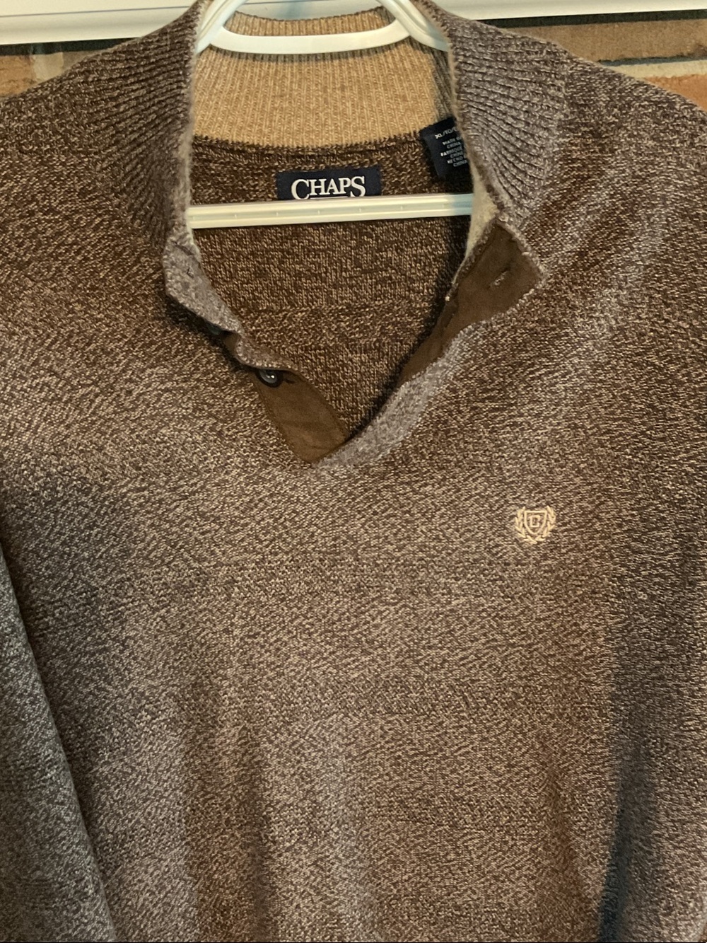 Classic Chaps Men's Brown Textured V-Neck Sweater with 3 Button Placket